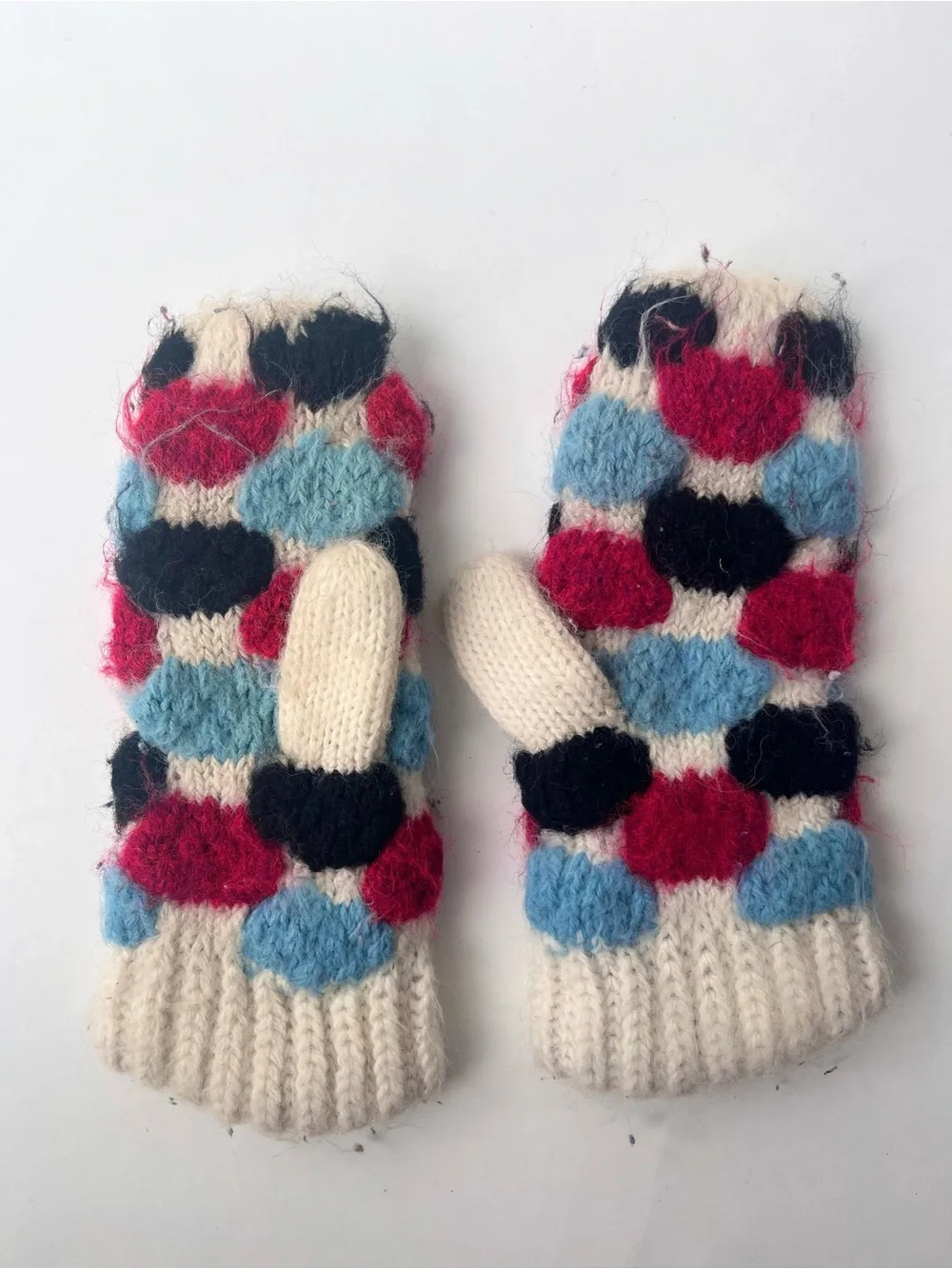 Handmade Multicolor Knitted Mittens White Blue Black Red One Size Women’s